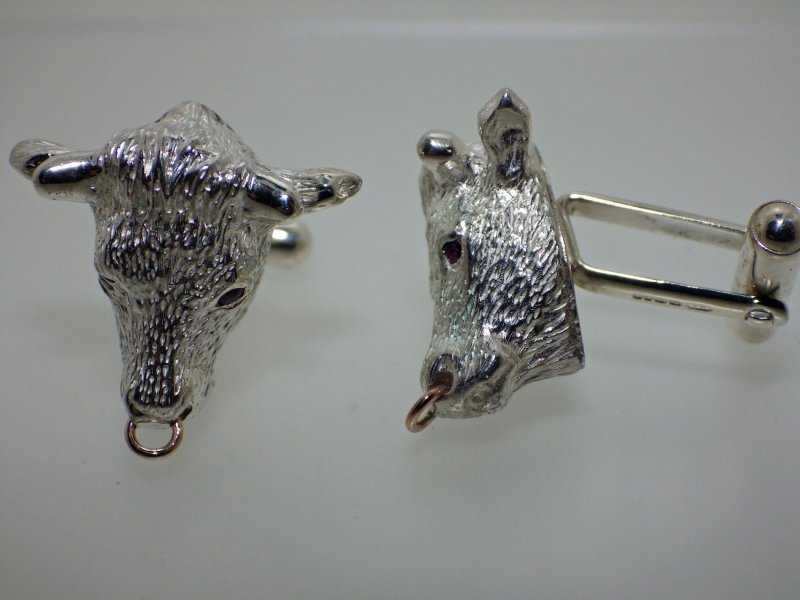 Cufflinks Sterling Silver Bull Cufflinks with Ruby Eyes & Gold Nose Ring
