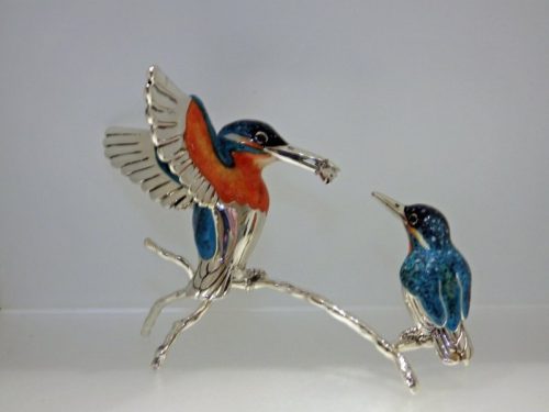 British Wildlife Saturno Sterling Silver & Enamel Kingfisher Bird and baby with a fish