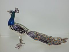 International Wildlife Saturno Sterling Silver & Enamel Medium Peacock Bird Figurine