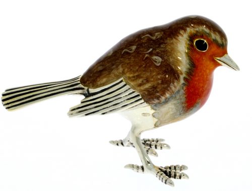 British Wildlife Sterling Silver & Enamel Large Robin Bird By Saturno Garden Figurine