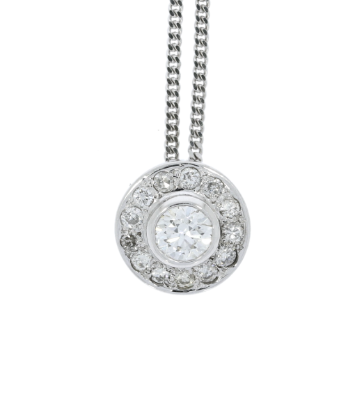 Diamond & Gold Jewellery 18ct White Gold Diamond Halo Mount Pendant & Chain (Vintage/Secondhand)