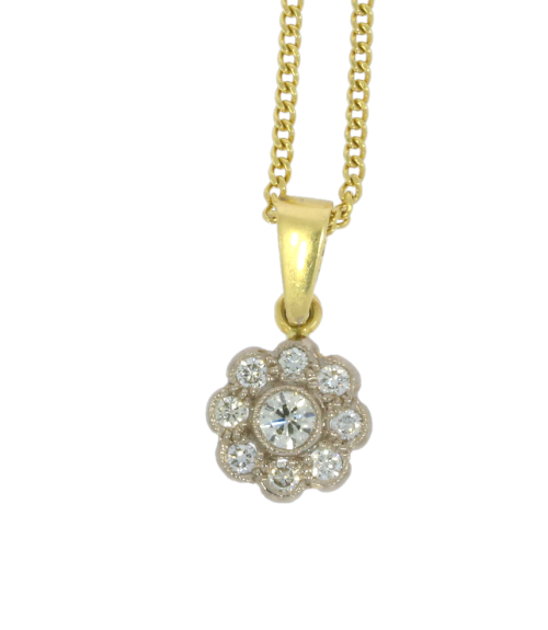 Diamond & Gold Jewellery 18ct Yellow Gold 25pts Diamond Daisy Flower Pendant & Chain