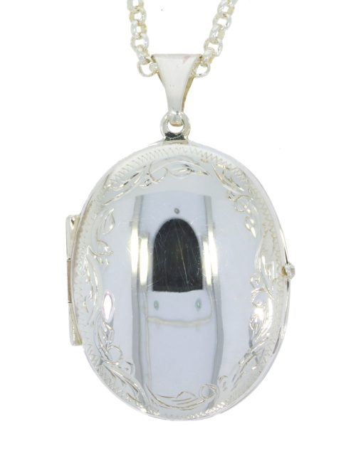 Pendants Sterling Silver Engraved & Polished Oval Locket & Chain