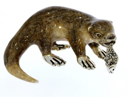 British Wildlife Saturno Sterling Silver & Enamel Otter & Fish Figurine