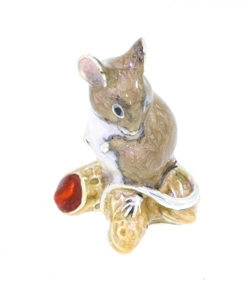 British Wildlife Saturno Sterling Silver and Enamel Mouse with Peanuts Figurine Sculpture