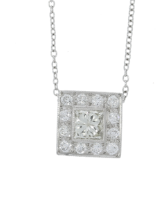 Diamond & Gold Jewellery 18ct White Gold Square Design Diamond Pendant & Chain Vintage/Secondhand