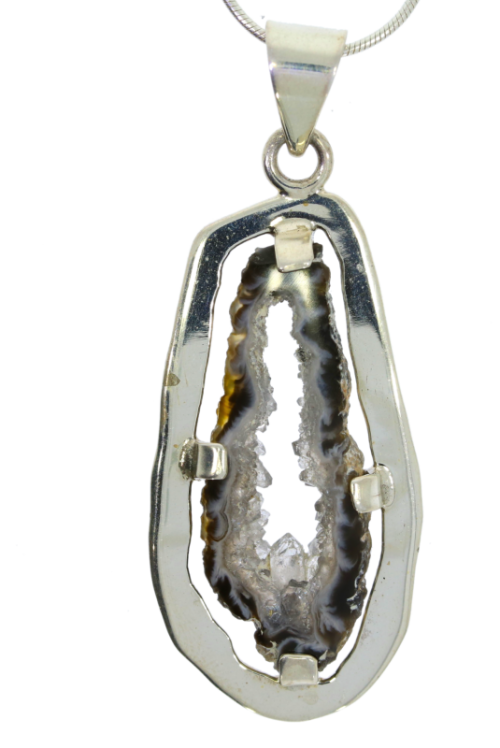 Pendants Sterling Silver Surround of a Black and White Agate Geode Stone Necklace with Sterling Silver Chain