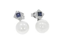 Diamond & Gold Jewellery 18ct White Gold South Sea Pearl /Sapphire/ Diamond Earrings