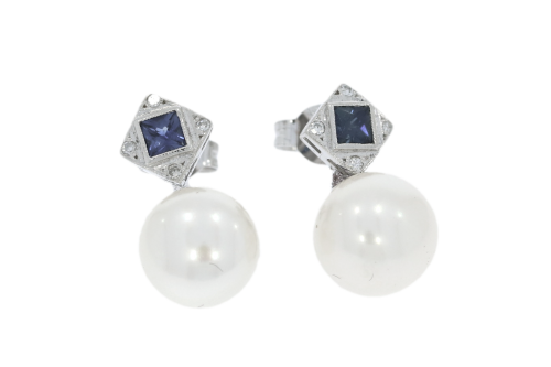 Diamond & Gold Jewellery 18ct White Gold South Sea Pearl /Sapphire/ Diamond Earrings