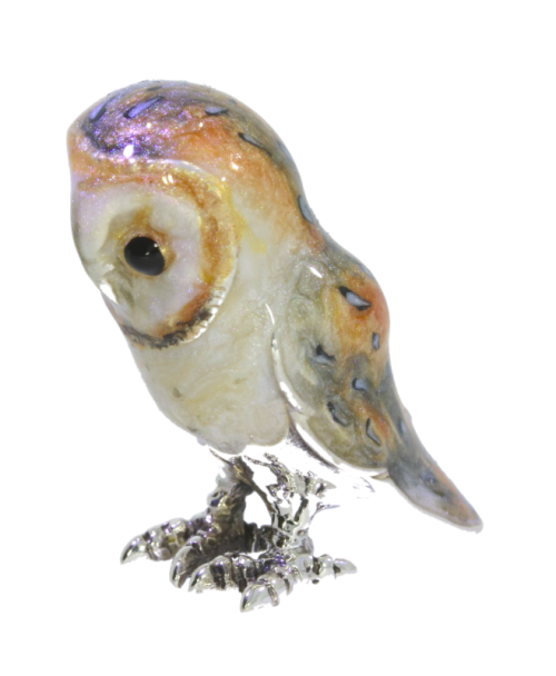 British Wildlife Saturno Sterling Silver & Enamel Small Barn Owl Bird Sculpture Figurine