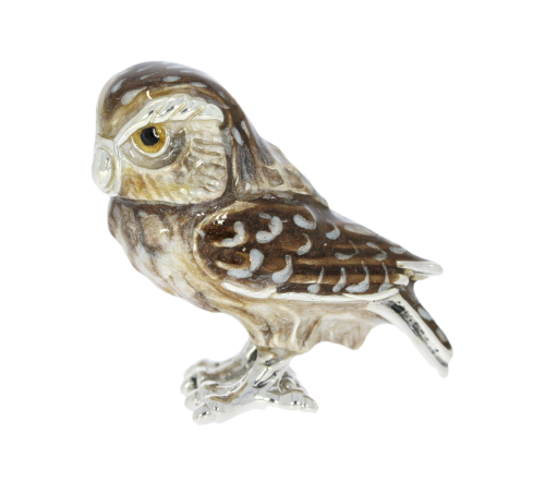 British Wildlife Saturno Sterling Silver Enamel Brown Owl Bird Sculpture Figurine