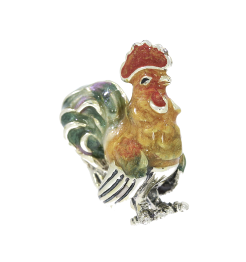 British Wildlife Saturno Sterling Silver & Enamel Small Cockerel Chicken Bird Sculpture Figurine