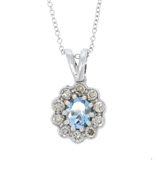 Diamond & Gold Jewellery 18ct White Gold Aquamarine & Diamond Cluster Pendant & Chain Secondhand