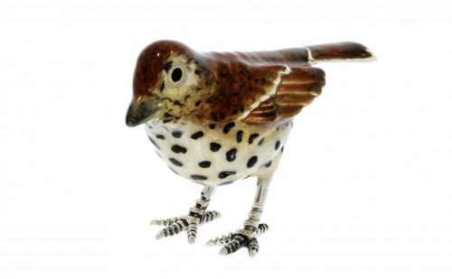 British Wildlife Saturno Sterling Silver and Enamel Thrush Garden Bird Sculpture Figurine