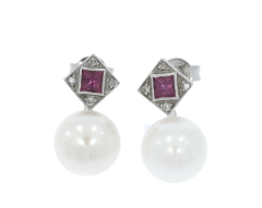 Diamond & Gold Jewellery 18ct White Gold Pearl /Ruby & Diamond Earrings