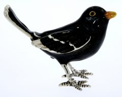 British Wildlife Saturno Sterling Silver & Enamel Small Garden Black Bird  Figurine