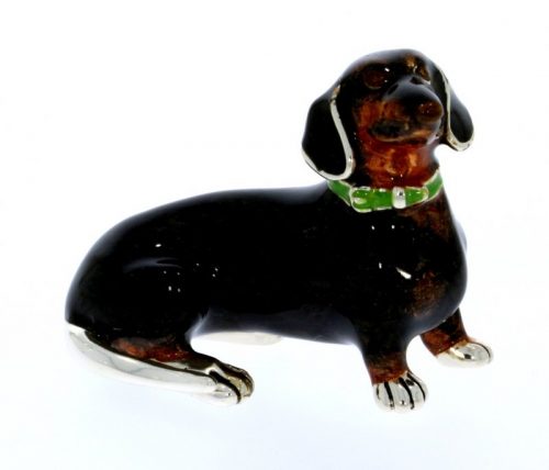 Domestic Pets Saturno Sterling Silver & Enamel Black & Tan Daschund Dog Figurine