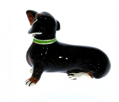Domestic Pets Saturno Sterling Silver & Enamel Black & Tan Daschund Dog Figurine