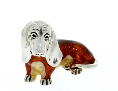 Domestic Pets Saturno Sterling Silver & Enamel Large Bassett Hound Dog Figurine