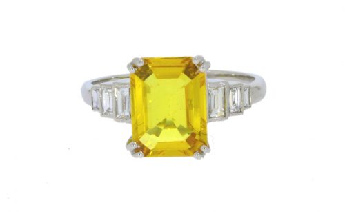 Diamond & Gold Jewellery Yellow Sapphire & Diamond Baguette Ring Platinum Preowned