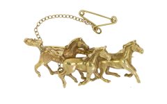 Brooches 9ct Yellow Gold Triple Horse Galloping Equestrian Brooch Secondhand