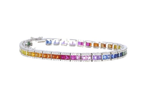 Bracelets 18ct White Gold Diamond & Multi Coloured Rainbow Sapphire Bracelet