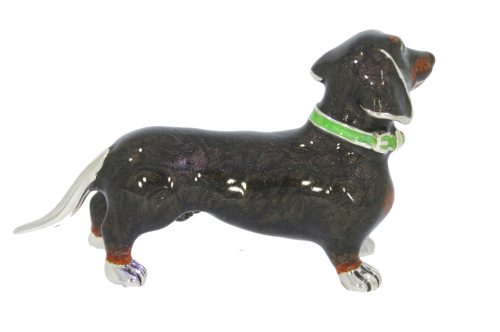 Domestic Pets Saturno Sterling Silver & Enamel Black & Tan Medium Daschund Dog