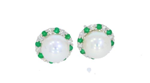 Diamond & Gold Jewellery 18ct White Gold Pearl Emerald & Diamond Stud Earrings