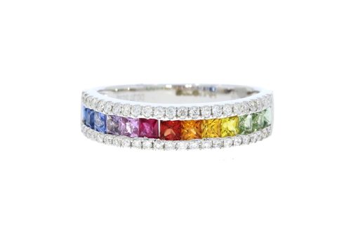 Diamond & Gold Jewellery 18ct White Gold Diamond & Multi Coloured Rainbow Sapphire Ring