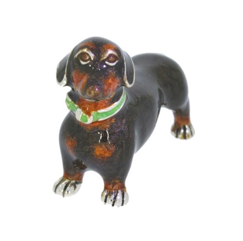 Domestic Pets Saturno Sterling Silver & Enamel Black & Tan Small Daschund Dog