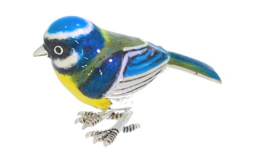 British Wildlife Saturno Sterling Silver & Enamel Large Blue Tit Garden Bird Figurine