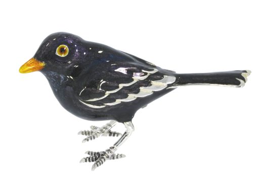 British Wildlife Saturno Sterling Silver & Enamel Medium Garden Black Bird Figurine