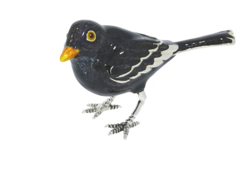 British Wildlife Saturno Sterling Silver & Enamel Medium Garden Black Bird Figurine