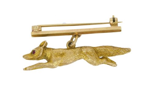 Brooches 9ct Vintage Solid Running Fox with Ruby Eyes on a Bar Brooch