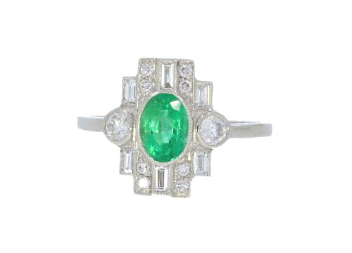Diamond & Gold Jewellery Emerald 90ct & 55ct Diamond Platinum Art Deco Style Cluster ring