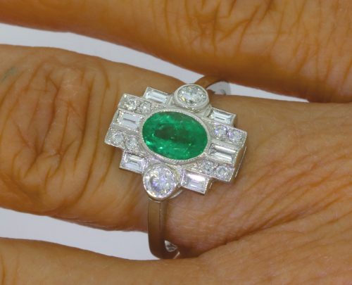Diamond & Gold Jewellery Emerald 90ct & 55ct Diamond Platinum Art Deco Style Cluster ring