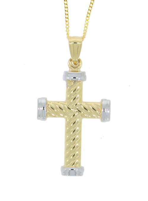 Diamond & Gold Jewellery 9ct Yellow & White Gold Ribbed Design Cross & Chain