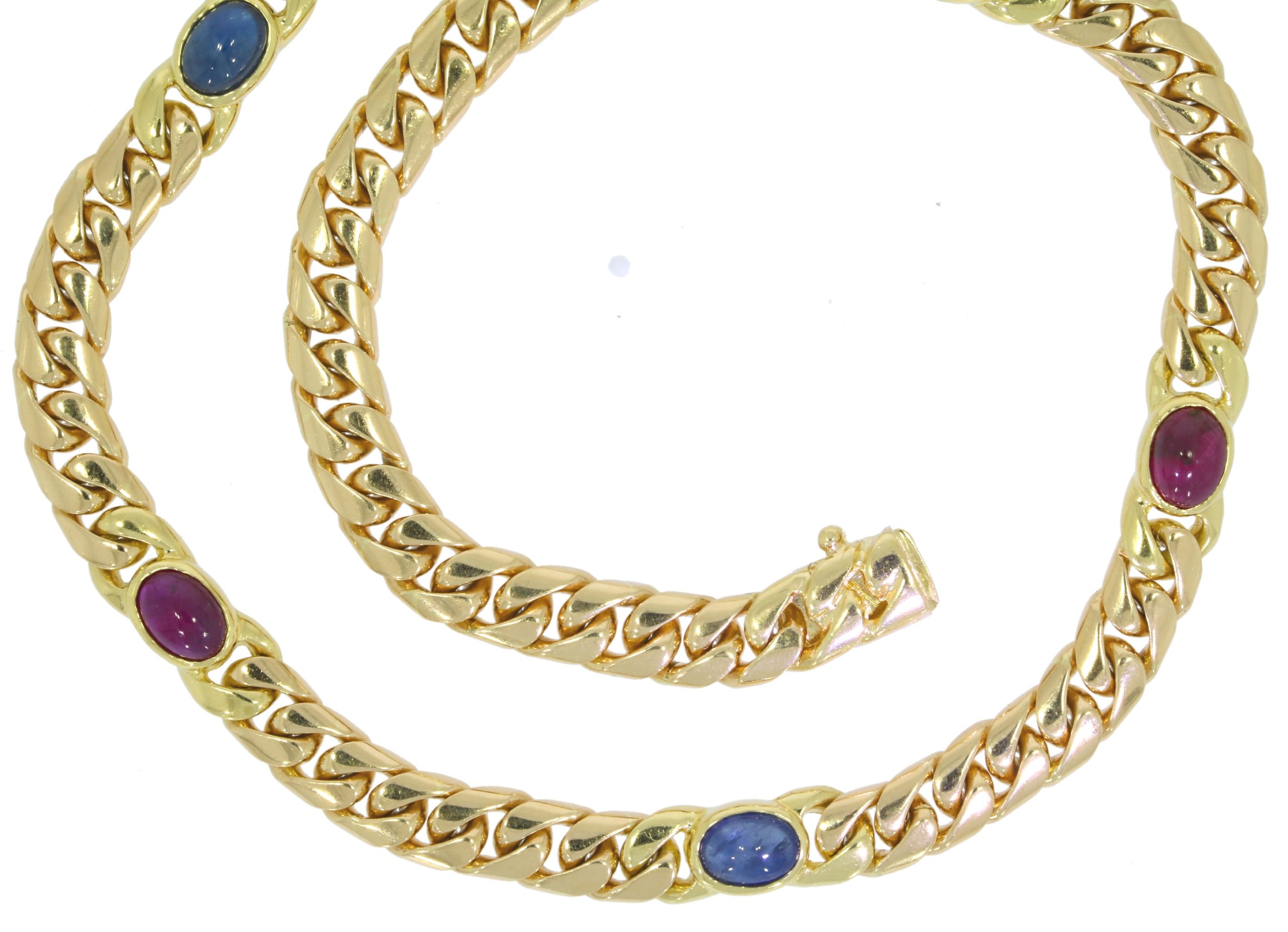 Diamond & Gold Jewellery 14ct Yellow Gold Cabochon Ruby & Sapphire Curb Necklace Secondhand