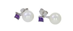 Diamond & Gold Jewellery 9ct White Gold Cultured Pearl & Amethyst Drop Stud Earrings