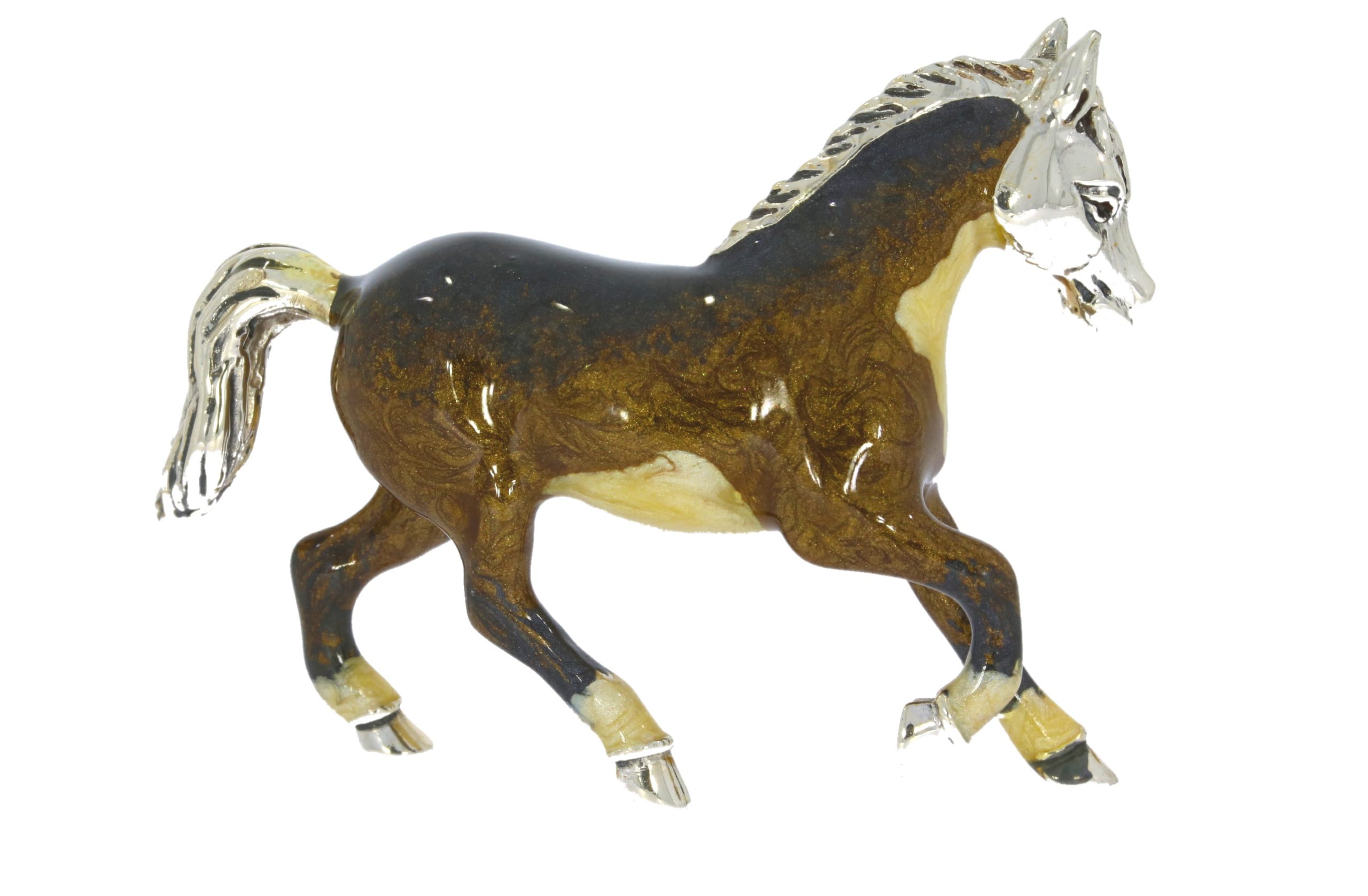 Equestrian Saturno Sterling Silver & Enamel Dark Brown & Cream Horse