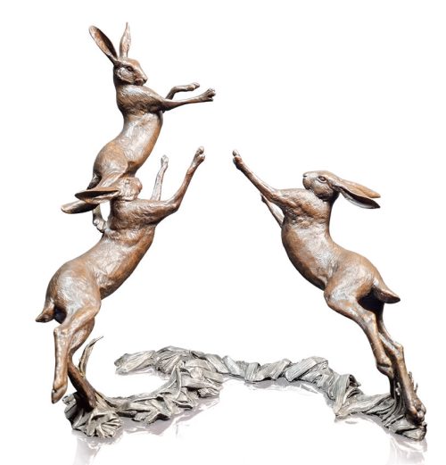 British Wildlife Solid Bronze Hares Moon Dance (1125) by Michael Simpson