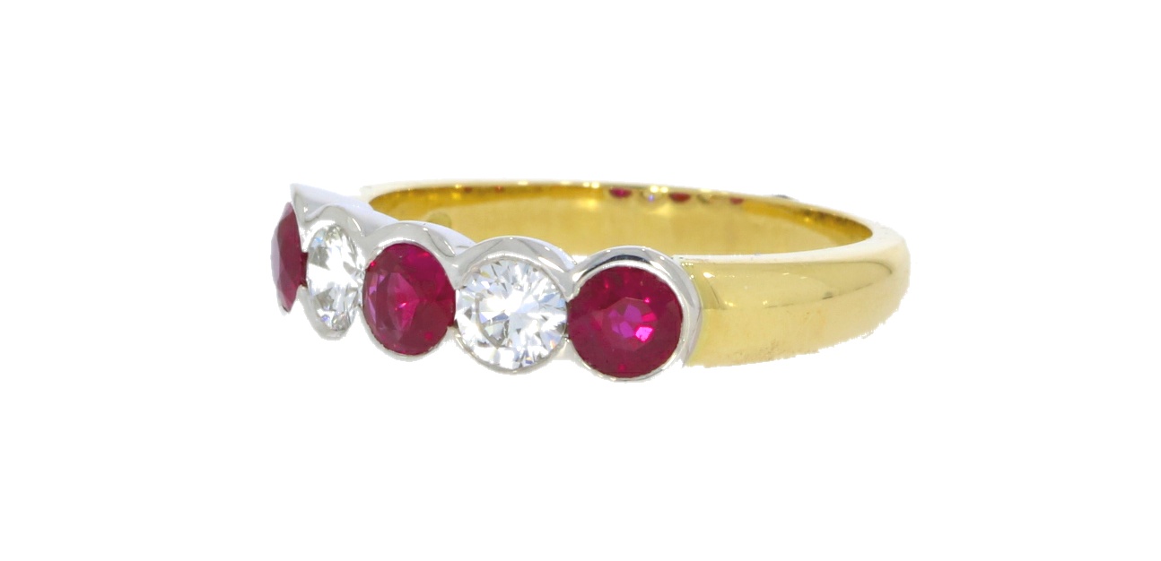 Diamond & Gold Jewellery 18ct Yellow Gold Ruby & Diamond Rubover Set Half Hoop Ring