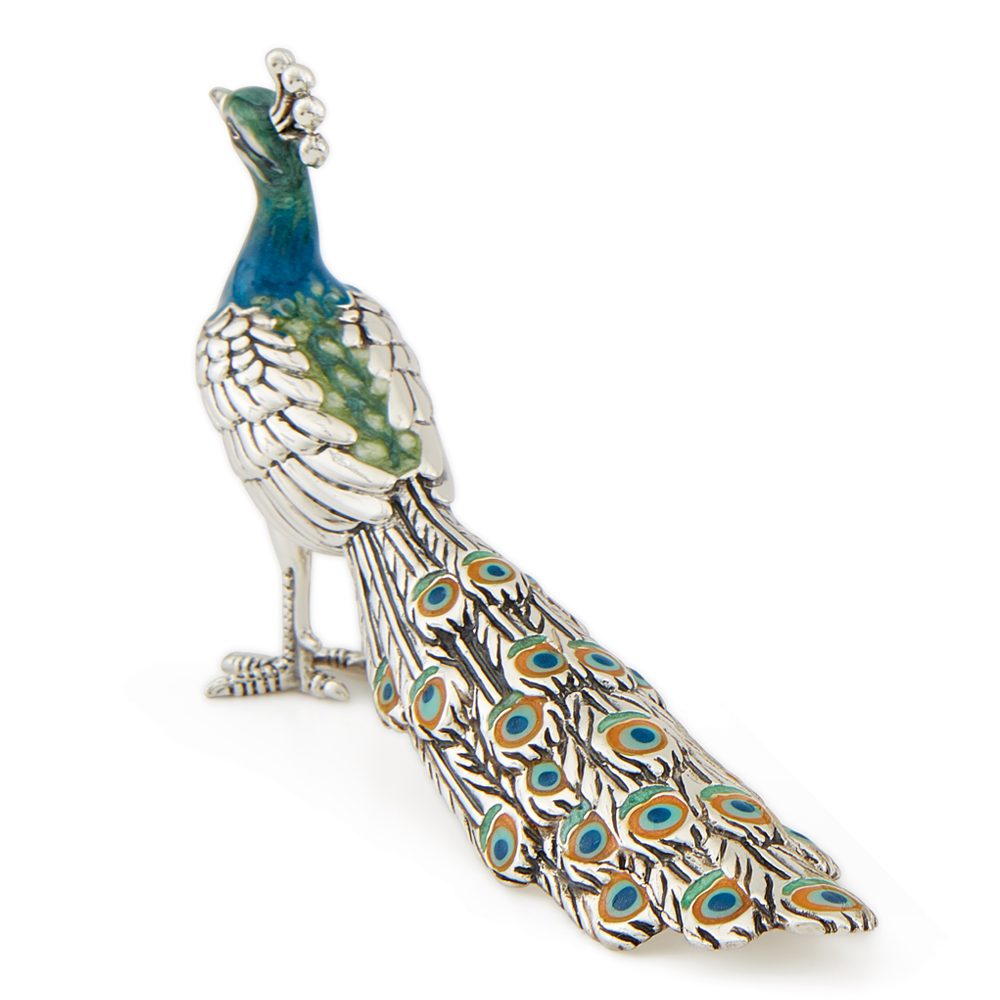 International Wildlife Saturno Sterling Silver & Enamel Small Peacock Bird Figurine