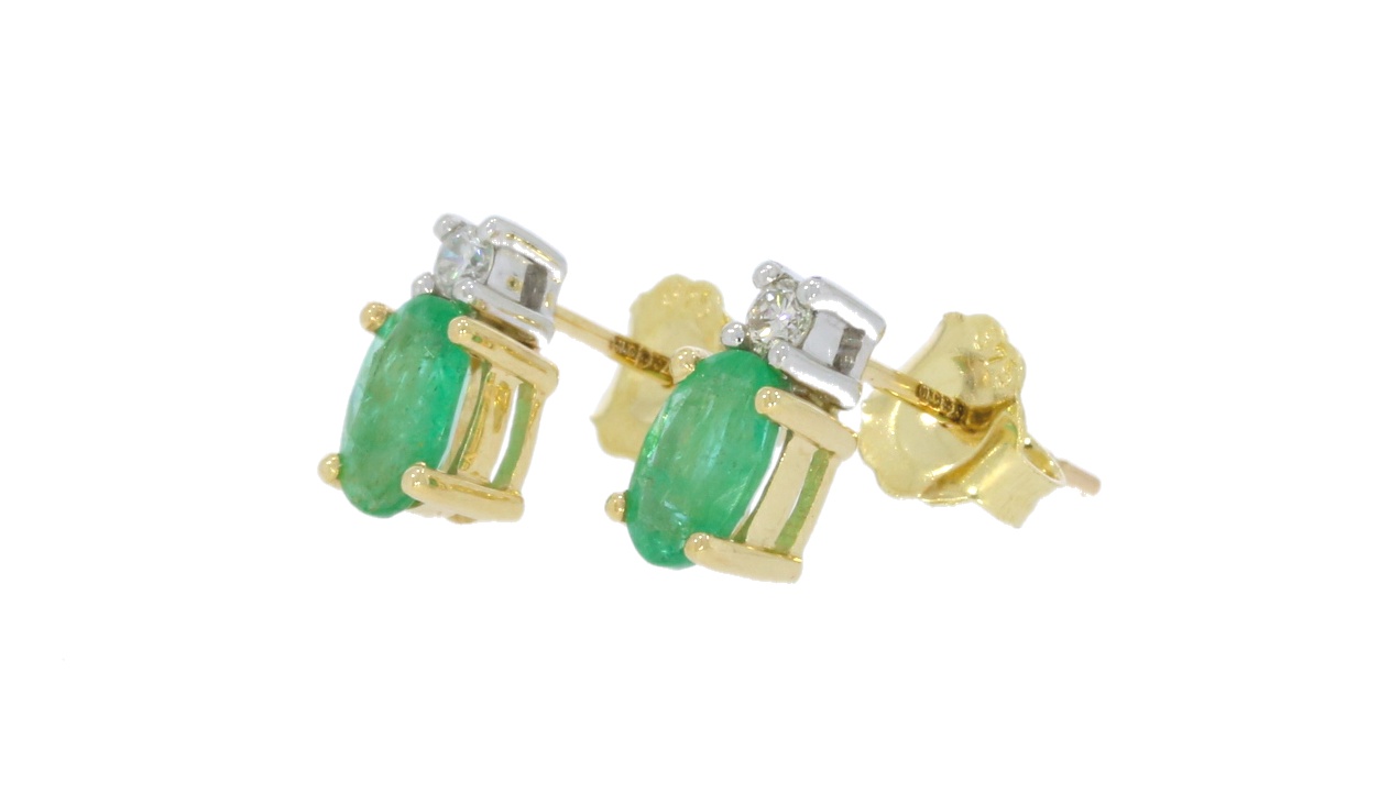 Diamond & Gold Jewellery 9ct Yellow Gold Emerald & Diamond Stud Earrings