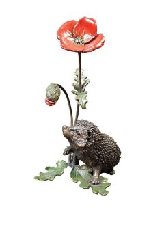 British Wildlife Solid Bronze Hedgehog with Poppy (1147) by Keith Sherwin