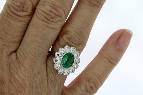 Diamond & Gold Jewellery Platinum Diamond & Emerald Rub Over Set Cluster Ring