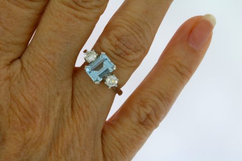 Diamond & Gold Jewellery Aquamarine & Diamond Three Stone Ring Set In Platinum Secondhand