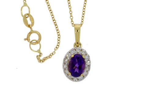 Diamond & Gold Jewellery 9ct Yellow Gold Oval Amethyst & Diamond Pendant & Chain